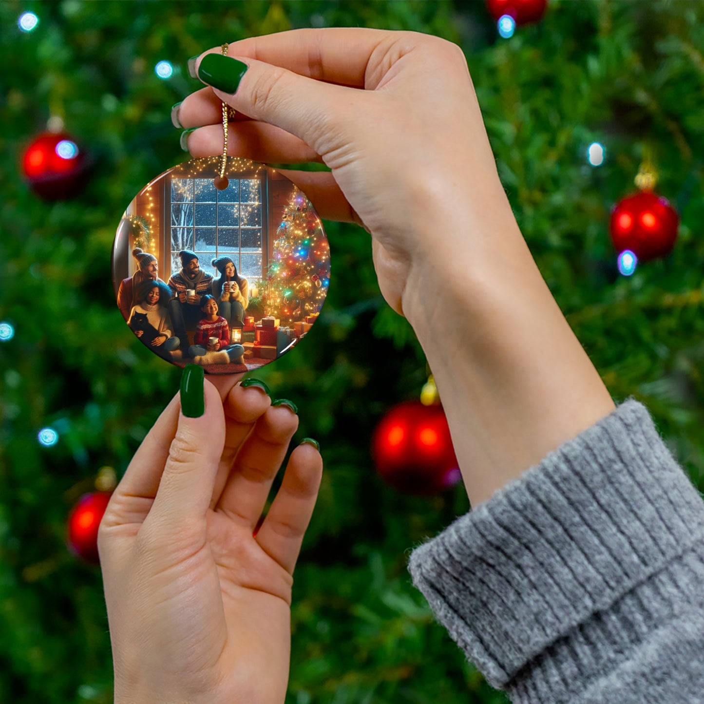 Ceramic Ornament: Cozy Family Scene, Holiday Home Decor